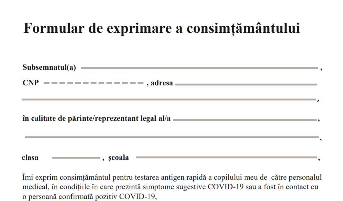 Ministerele Educaţiei şi Sănătăţii au prezentat formularul de consimţământ pentru testarea antigen a copiilor