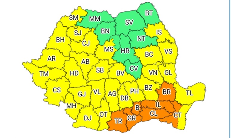 Aproape toată ţara este vizată de un Cod galben de caniculă. Indicele temperatură-umezeală va depăși pragul critic de 80 de unități